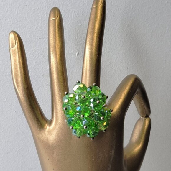 Green Crystal Cluster Ring, Adjustable Crystal Ring,  Statement Crystal Ring - Picture 2 of 9
